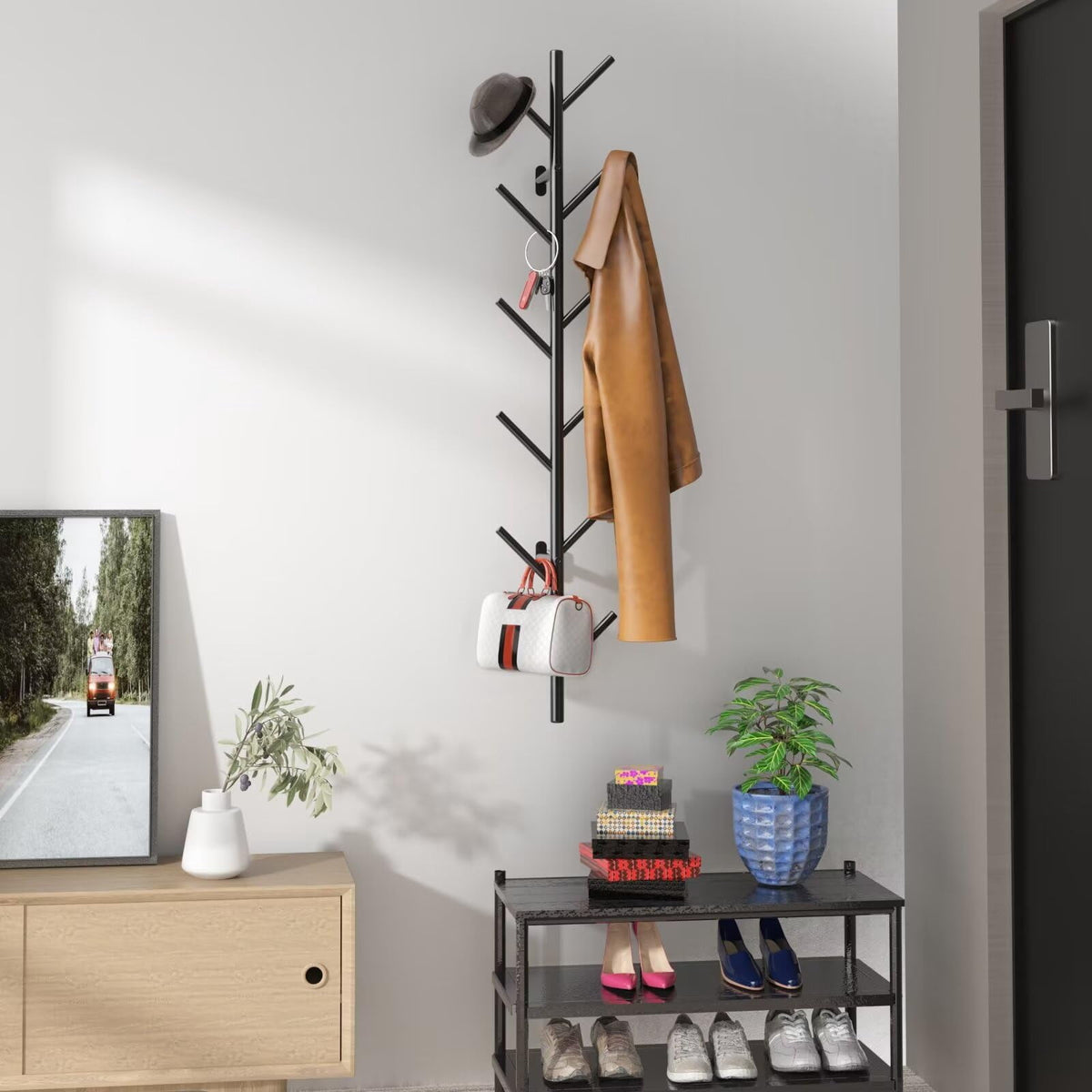 Vertical Coat Rack Wall Mount, Hat Rack for Wall, Modern Design Floating Coat Rack, Coat Tree for Clothes, Scarves, Bags, Caps, Metal Vertical Hooks for Living Room, Bedroom, Entryway