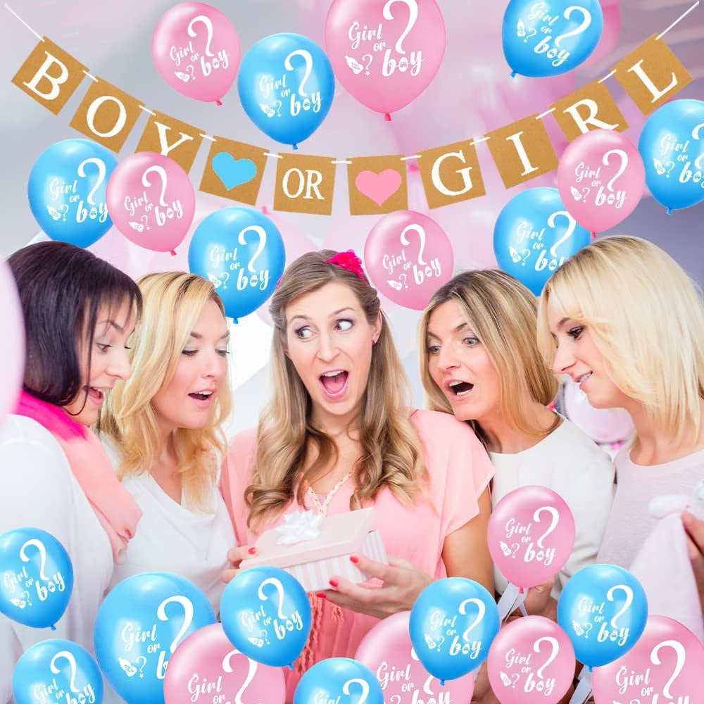 Baby Gender Reveal Decoration Set, Gender Reveal Party Poster Games with 54 Boy or Girl Voting Stickers, 26 Gender Reveal Party Supplies with Black, Pink, Blue Balloon, Baby Shower Banner
