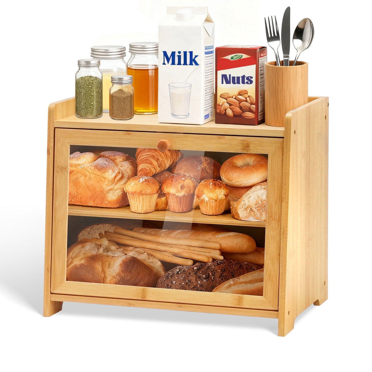 Bamboo Bread Box for Kitchen Countertop, Double Layer Bread Storage Container Farmhouse Bread Organizer Bin with Acrylic Window Bread Holder for Cabinet, Pantry, Cupboard(Black)