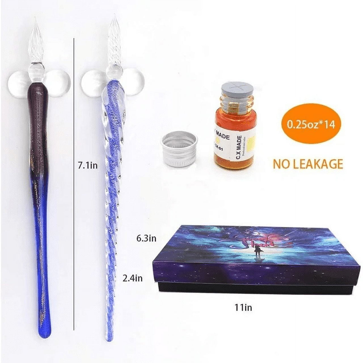 STONCEL Glass Dip Pen Set, 18-Pieces Calligraphy Pens Set - 14 Color Inks, Pen Holder, Cleaning Cup, 2 Crystal Glass Pens for Art, Writing, Drawing, Signatures, Gift for Artist