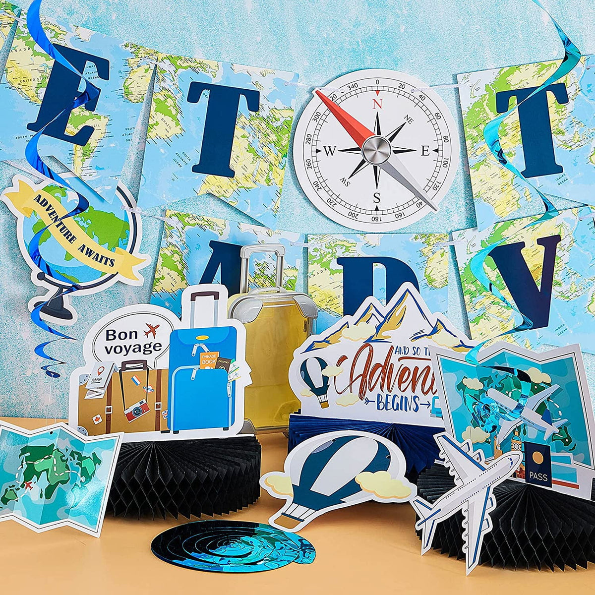 16 Pieces Travel Themed Party Decorations Let the Adventure Begin Banner Bon Voyage Party Decorations Travel Honeycomb Centerpieces for Trav