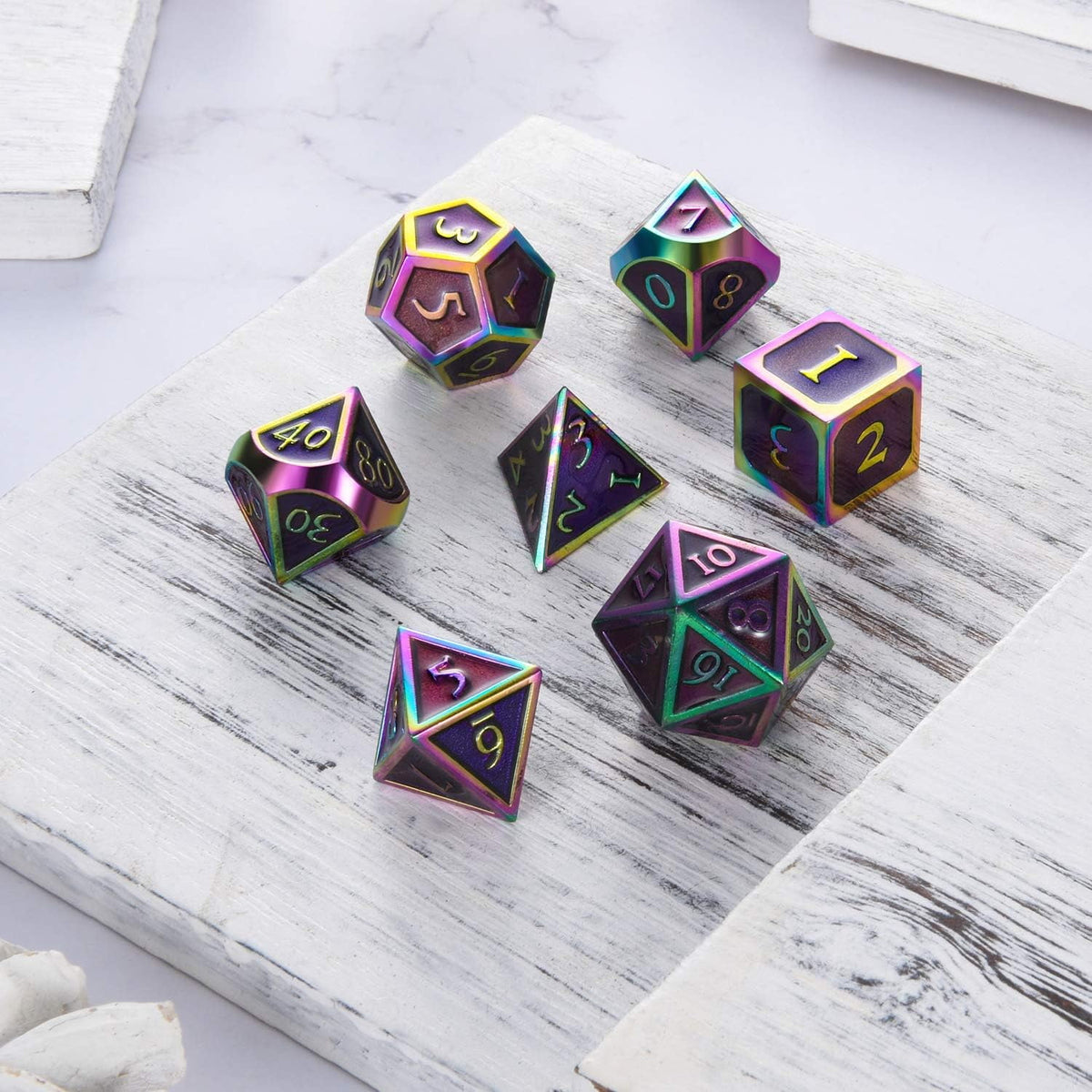 7 Pieces Metal Dices Set DND Game Polyhedral Solid Metal D&D Dice Set with Storage Bag and Zinc Alloy with Enamel for Role Playing Game Dung