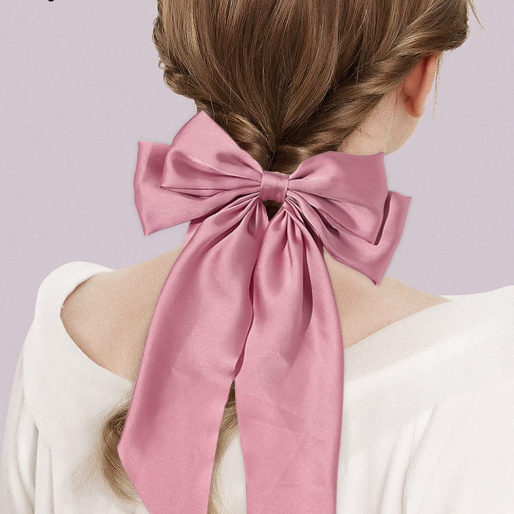 8Pcs Big Bow Hair Clips, French Barrette with Long Silky Satin Ribbon, Solid Color Large Hair Bow Pins Bowknot Hair Slides Accessories for Women Girls Lolita Party Mother's Day Gift