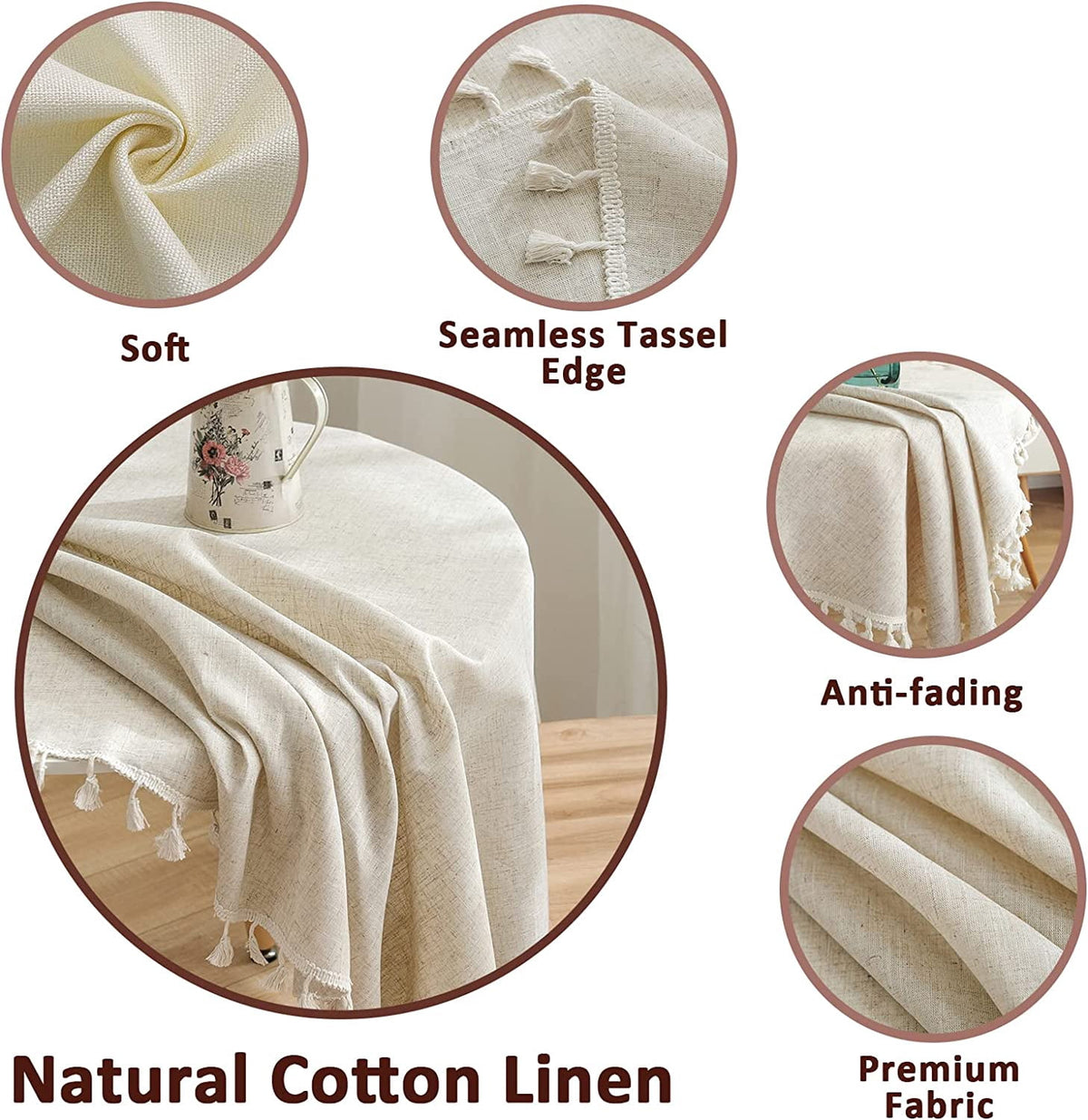 STONCEL Round Tablecloth 60 Inch, Cotton Linen Table Cloths with Tassel, Boho Table Cover for Kitchen Dining Room Tabletop Decorations Farmhouse Coffee Picnics, Suit for Round 30-48" Table, Beige