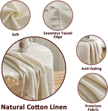 STONCEL Round Tablecloth 60 Inch, Cotton Linen Table Cloths with Tassel, Boho Table Cover for Kitchen Dining Room Tabletop Decorations Farmhouse Coffee Picnics, Suit for Round 30-48" Table, Beige
