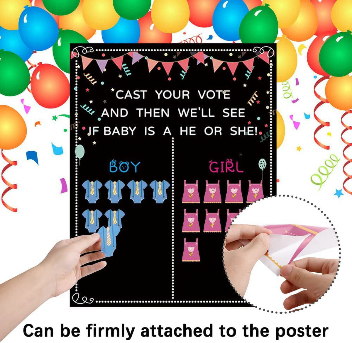 Baby Gender Reveal Decoration Set, Gender Reveal Party Poster Games with 54 Boy or Girl Voting Stickers, 26 Gender Reveal Party Supplies with Black, Pink, Blue Balloon, Baby Shower Banner