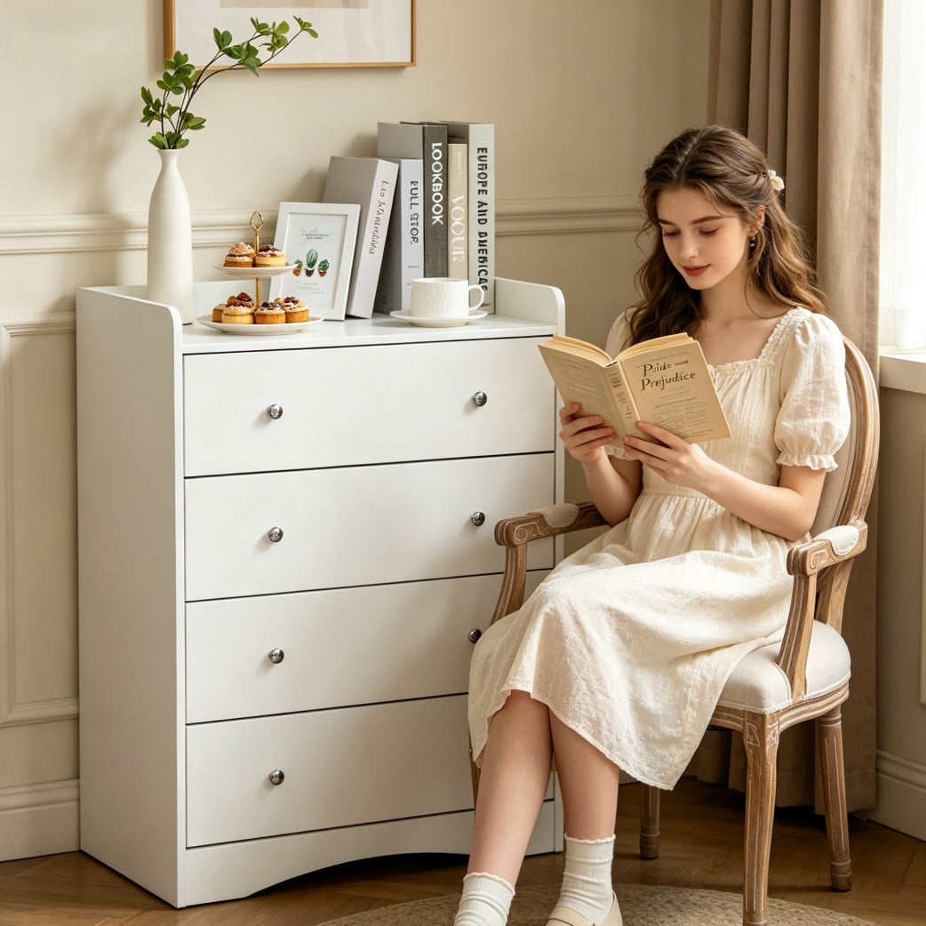 Yeulluey White Dresser, 4 Drawer Dressers Chest of Drawers, Modern Tall Dresser, Wood Drawer Chest Storage Cabinet for Living Room, Hallway, Entryway, Home Office, Ivory White
