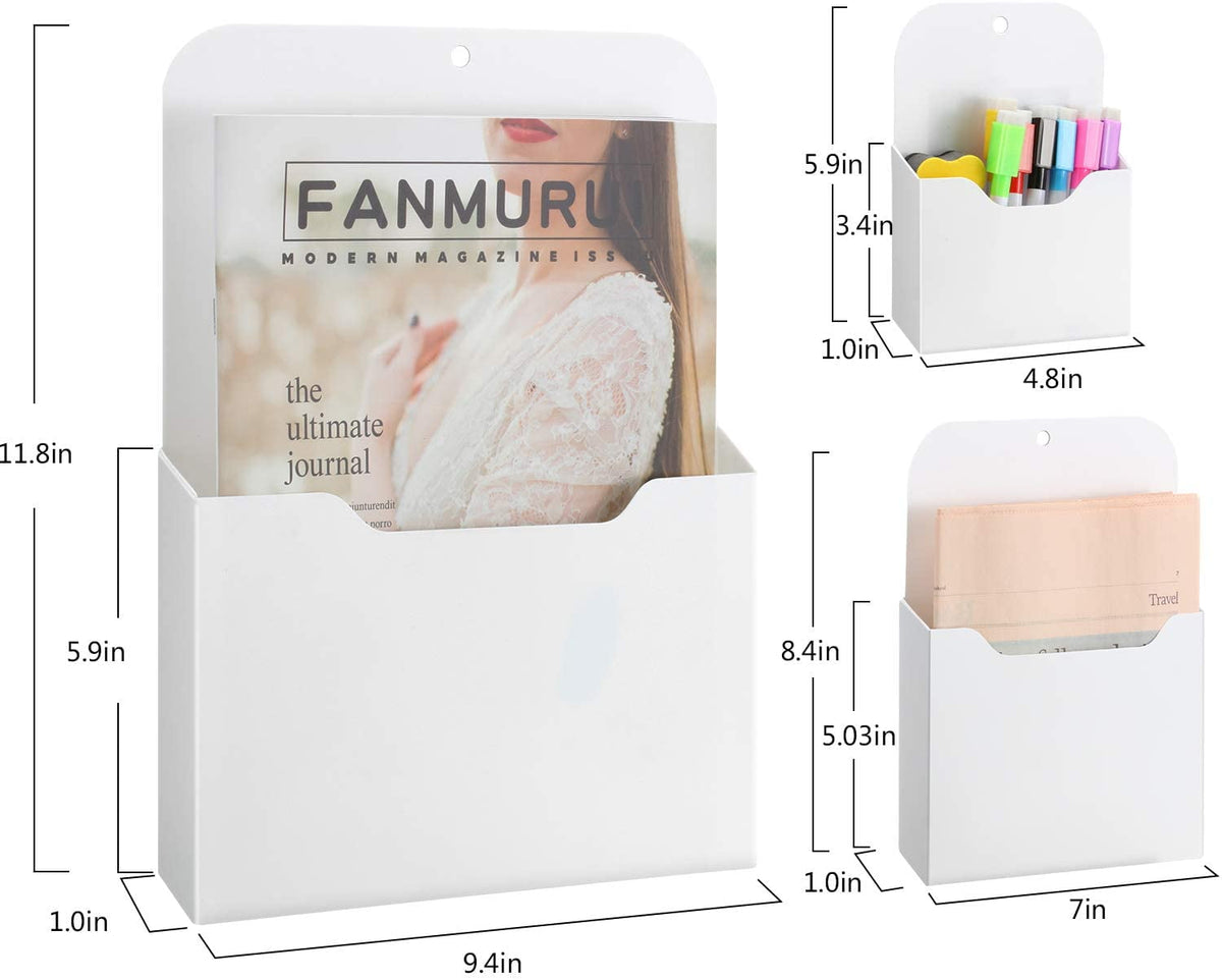 QUMENEY 3 Pack Magnetic File Holder, Large Size Refrigerator Magnetic Holder for Pen, Paper, Markers, Notebooks, Letter, Good for Class Whit