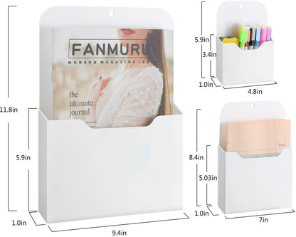 QUMENEY 3 Pack Magnetic File Holder, Large Size Refrigerator Magnetic Holder for Pen, Paper, Markers, Notebooks, Letter, Good for Class Whit