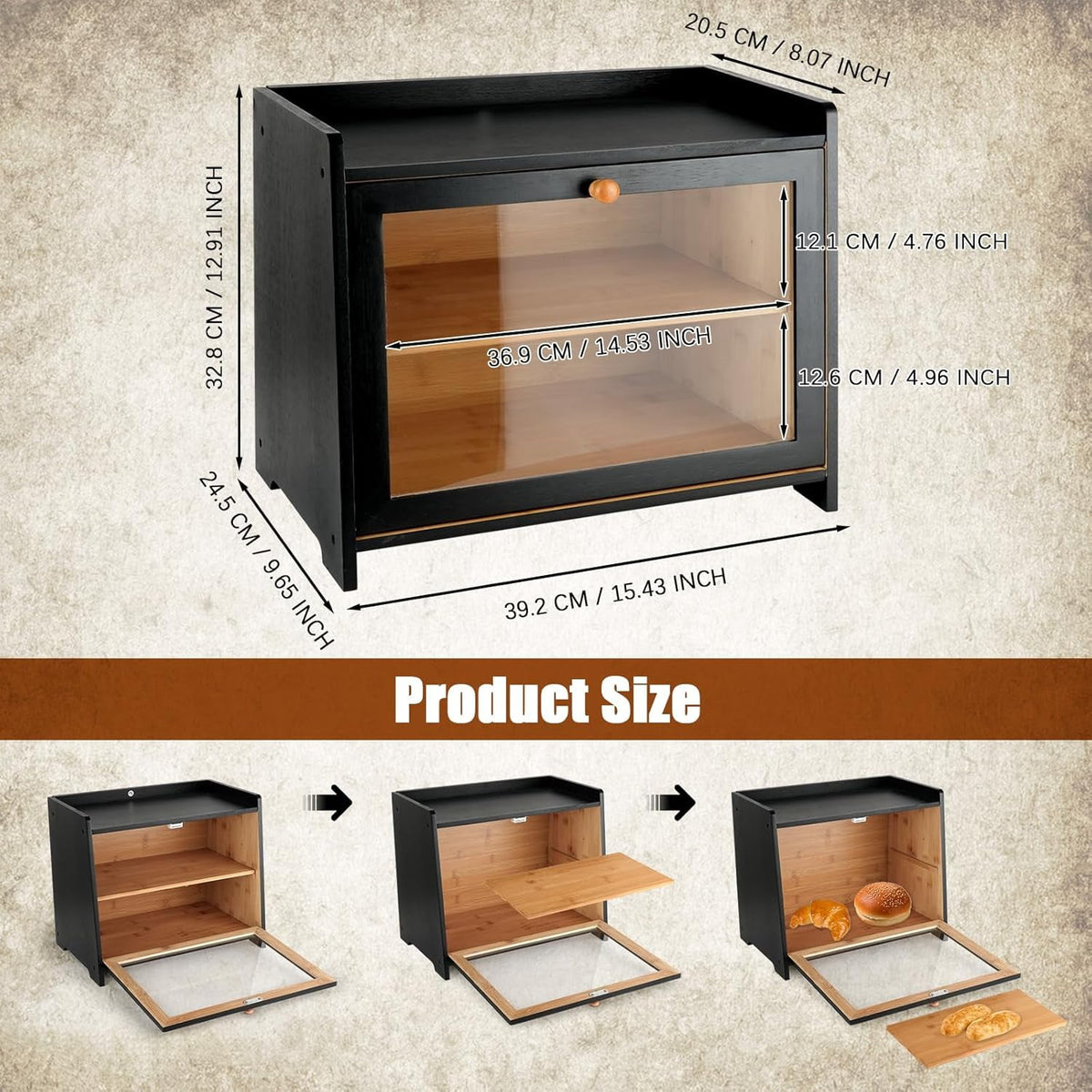 Bamboo Bread Box for Kitchen Countertop, Double Layer Bread Storage Container Farmhouse Bread Organizer Bin with Acrylic Window Bread Holder for Cabinet, Pantry, Cupboard(Black)