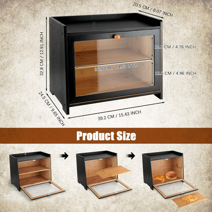 Bamboo Bread Box for Kitchen Countertop, Double Layer Bread Storage Container Farmhouse Bread Organizer Bin with Acrylic Window Bread Holder for Cabinet, Pantry, Cupboard(Black)