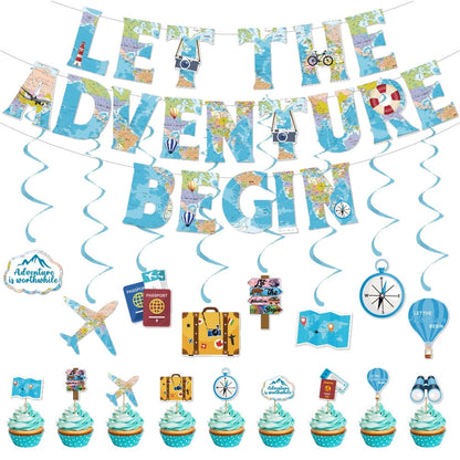 16 Pieces Travel Themed Party Decorations Let the Adventure Begin Banner Bon Voyage Party Decorations Travel Honeycomb Centerpieces for Trav