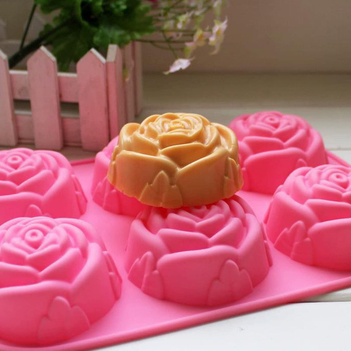Large Rose Flower Silicone Tray for Cake Bread Pudding Chocolate Muffin Soap, 6-Cavity 3D Ice Cube Handmade Molds- Purple & Blue & Pink