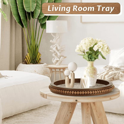 Wood Decorative Beaded Trays, Rustic Coffee Table Tray for Boho Home Decor, Round Serving Floral Tray for Ottoman Kitchen Counter Farmhouse Centerpiece Decor