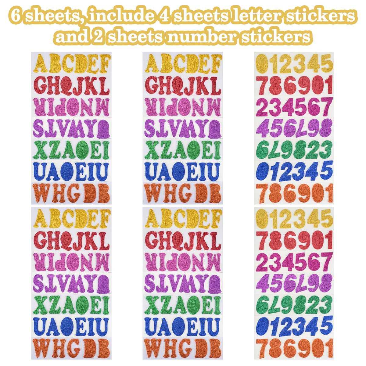 QUMENEY Glitter Foam Letters Stickers 6 Sheets Randomized style Self Adhesive Alphabet Number Stickers,Craft Embellishments for Decorating S