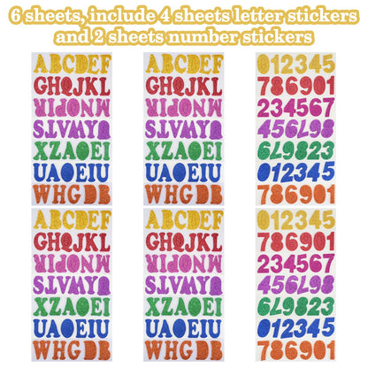 QUMENEY Glitter Foam Letters Stickers 6 Sheets Randomized style Self Adhesive Alphabet Number Stickers,Craft Embellishments for Decorating S