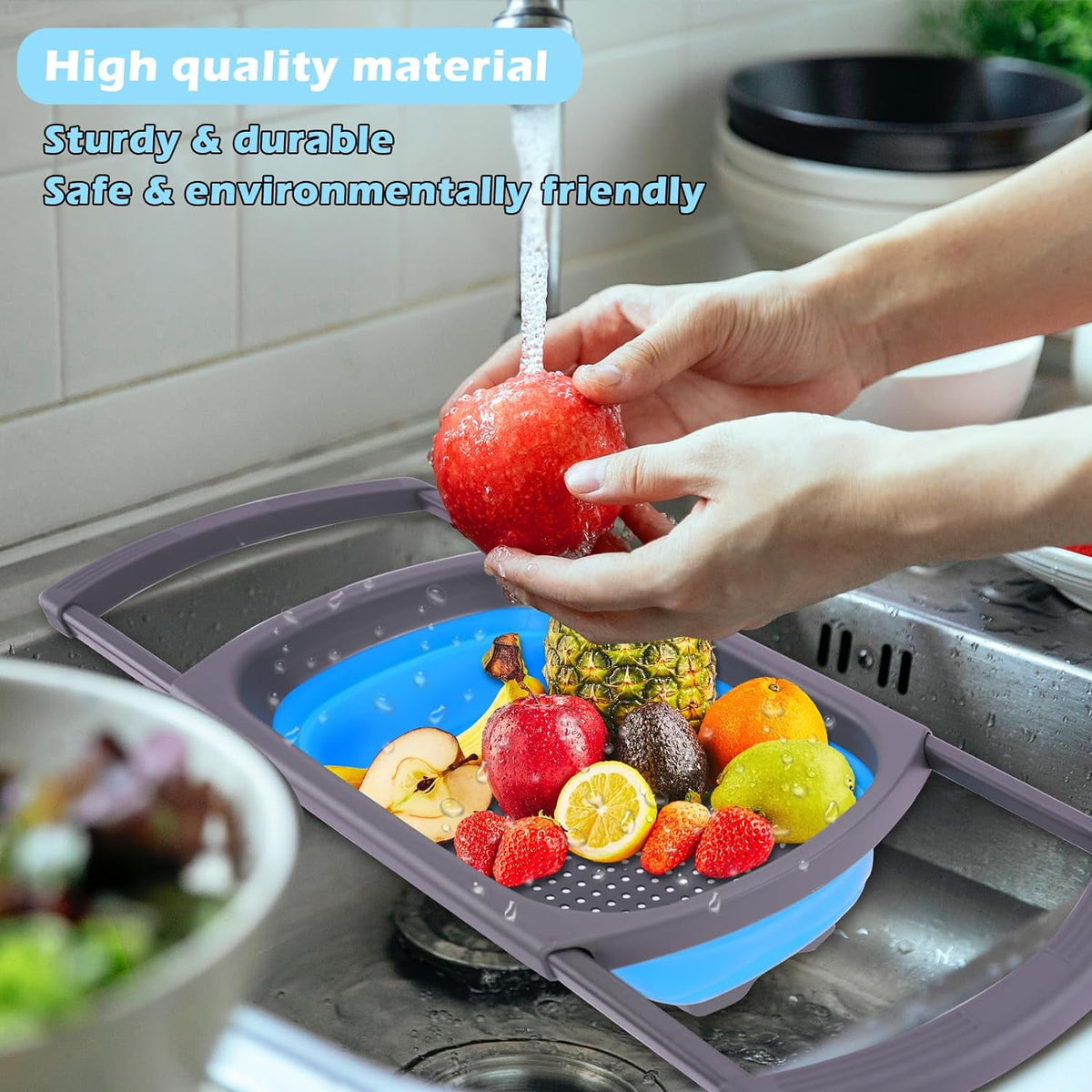 QUMENEY Collapsible Colander Strainer, Over the Sink Colander，Vegetable/Fruit Colanders Strainers with Extendable Handles,6 Quart,Blue