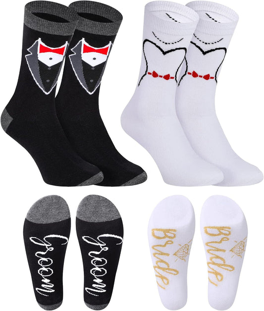2 Pairs Wedding Socks, Groom and Bride Crew Socks, Novelty Socks, Engaged Socks Couple, Matching Wedding Socks for Engagement Party Couples