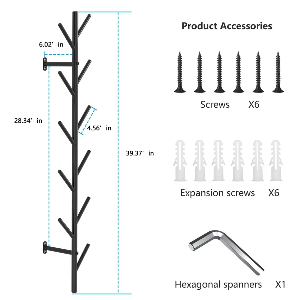 Vertical Coat Rack Wall Mount, Hat Rack for Wall, Modern Design Floating Coat Rack, Coat Tree for Clothes, Scarves, Bags, Caps, Metal Vertical Hooks for Living Room, Bedroom, Entryway