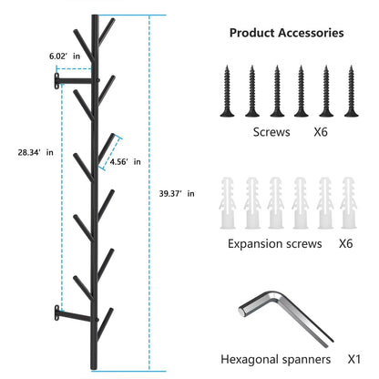 Vertical Coat Rack Wall Mount, Hat Rack for Wall, Modern Design Floating Coat Rack, Coat Tree for Clothes, Scarves, Bags, Caps, Metal Vertical Hooks for Living Room, Bedroom, Entryway