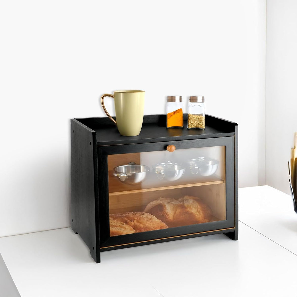 Bamboo Bread Box for Kitchen Countertop, Double Layer Bread Storage Container Farmhouse Bread Organizer Bin with Acrylic Window Bread Holder for Cabinet, Pantry, Cupboard(Black)