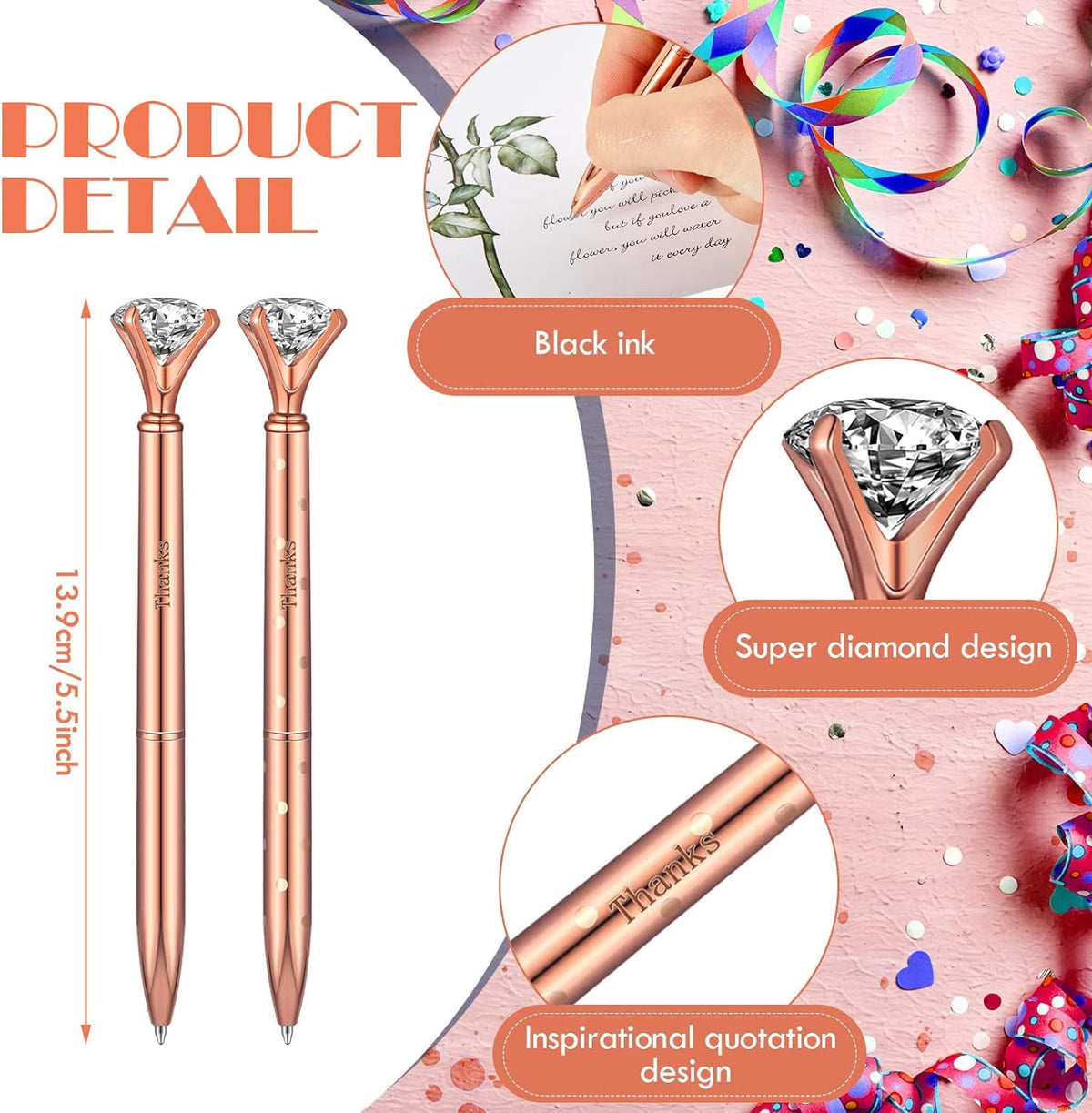 QUMENEY 12Pcs Thanks Diamond Ballpoint Pens Rhinestones Black Ink Pens Bling Metal Gel Ink Pen Thanks Present for Event Party Employee Appre
