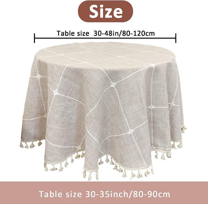 STONCEL Round Tablecloth, Boho Plaid Tassel Round Table Cloth, Heavy Weight Cotton Linen Table Cover for Kitchen Dining Farmhouse Party Tabletop Christmas Picnic Decoration (55inch, Beige)