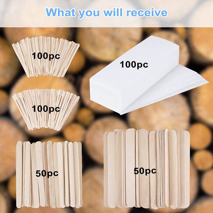 400Pcs Wax Strips Sticks Kit, STONCEL 300 Small Medium Large Wooden Wax Applicator Sticks Eyebrow Wax Spatulas and 100 Non-Woven Paper Wax Strip for Face Body Hair Removal Women Men