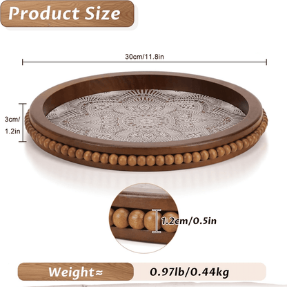 Wood Decorative Beaded Trays, Rustic Coffee Table Tray for Boho Home Decor, Round Serving Floral Tray for Ottoman Kitchen Counter Farmhouse Centerpiece Decor