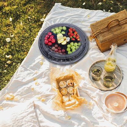 LIOUCBD 10 Pcs Plastic Appetizer Serving Tray with Lid Round 12.5 Inch with Lid Disposable Serving Fruit Veggie Catering Tray with 6 Divided Compartment for Fruit Snack Veggie Party