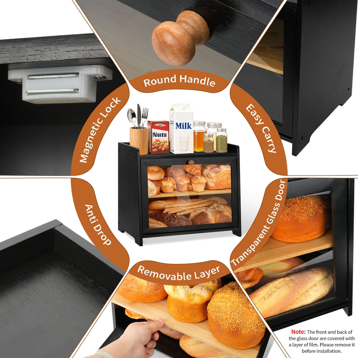 Bamboo Bread Box for Kitchen Countertop, Double Layer Bread Storage Container Farmhouse Bread Organizer Bin with Acrylic Window Bread Holder for Cabinet, Pantry, Cupboard(Black)