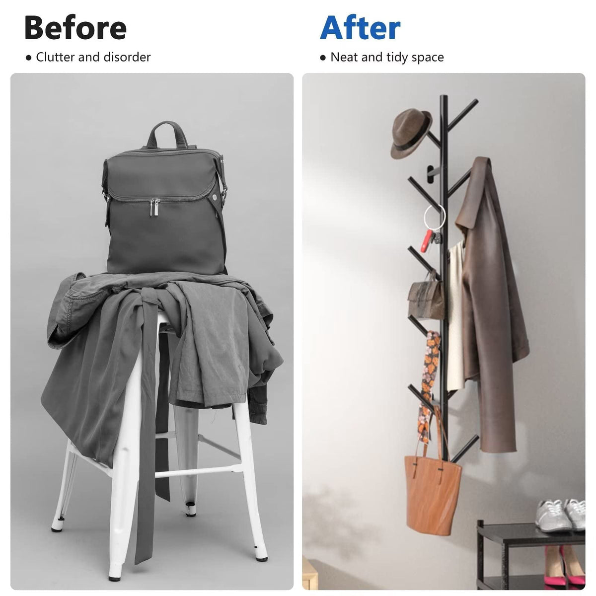 Vertical Coat Rack Wall Mount, Hat Rack for Wall, Modern Design Floating Coat Rack, Coat Tree for Clothes, Scarves, Bags, Caps, Metal Vertical Hooks for Living Room, Bedroom, Entryway