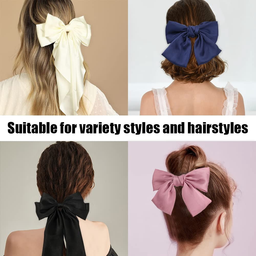 8Pcs Big Bow Hair Clips, French Barrette with Long Silky Satin Ribbon, Solid Color Large Hair Bow Pins Bowknot Hair Slides Accessories for Women Girls Lolita Party Mother's Day Gift