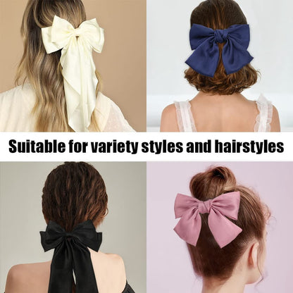 8Pcs Big Bow Hair Clips, French Barrette with Long Silky Satin Ribbon, Solid Color Large Hair Bow Pins Bowknot Hair Slides Accessories for Women Girls Lolita Party Mother's Day Gift