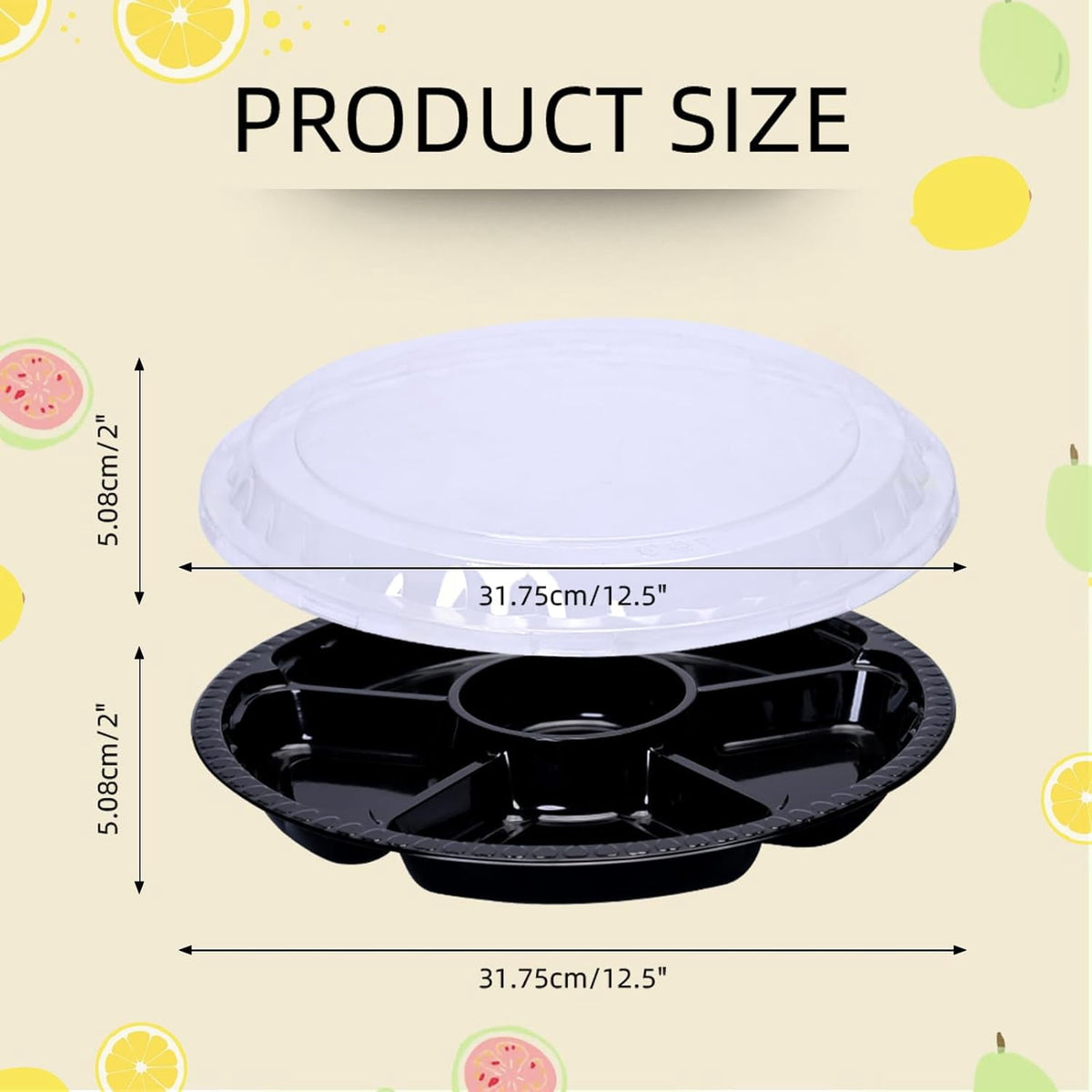 LIOUCBD 10 Pcs Plastic Appetizer Serving Tray with Lid Round 12.5 Inch with Lid Disposable Serving Fruit Veggie Catering Tray with 6 Divided Compartment for Fruit Snack Veggie Party