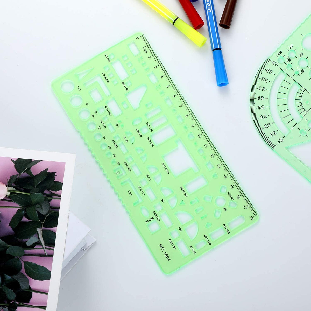 6 Pieces Plastic Measuring Templates Building Formwork Stencils Geometric Drawing Rulers for Office and School, Clear Green