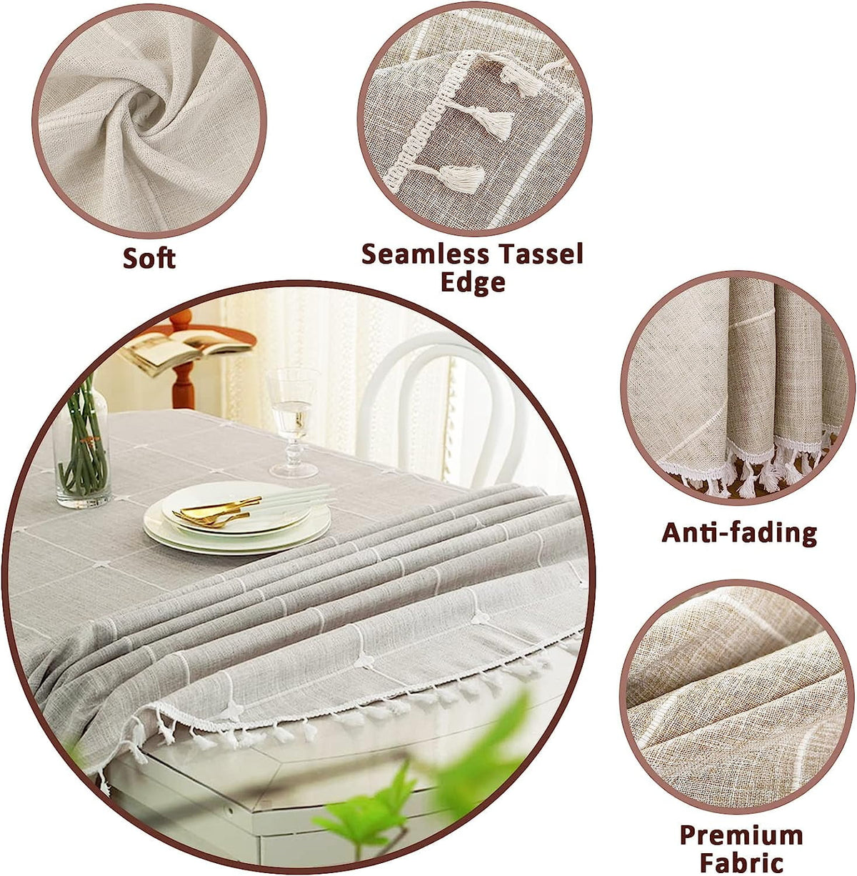 STONCEL Round Tablecloth, Boho Plaid Tassel Round Table Cloth, Heavy Weight Cotton Linen Table Cover for Kitchen Dining Farmhouse Party Tabletop Christmas Picnic Decoration (55inch, Beige)