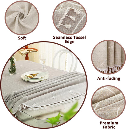 STONCEL Round Tablecloth, Boho Plaid Tassel Round Table Cloth, Heavy Weight Cotton Linen Table Cover for Kitchen Dining Farmhouse Party Tabletop Christmas Picnic Decoration (55inch, Beige)