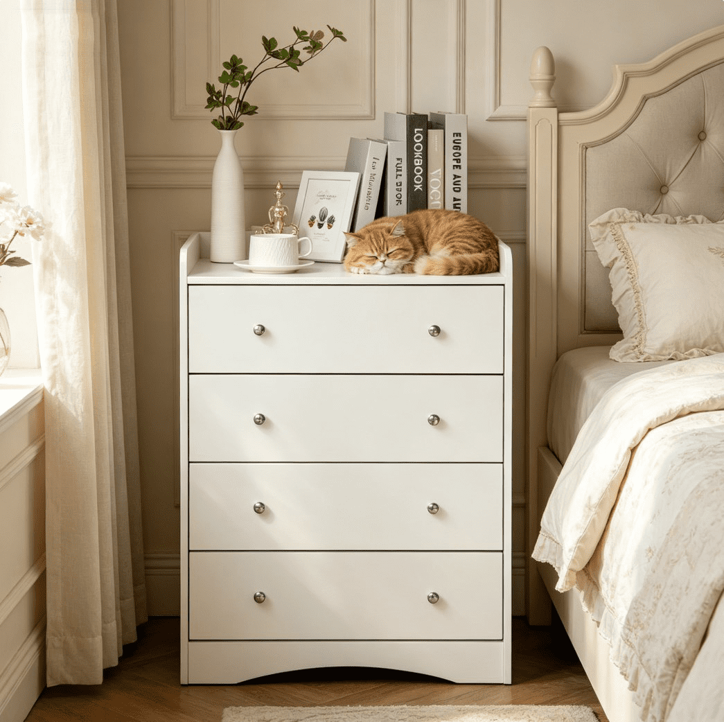 Yeulluey White Dresser, 4 Drawer Dressers Chest of Drawers, Modern Tall Dresser, Wood Drawer Chest Storage Cabinet for Living Room, Hallway, Entryway, Home Office, Ivory White