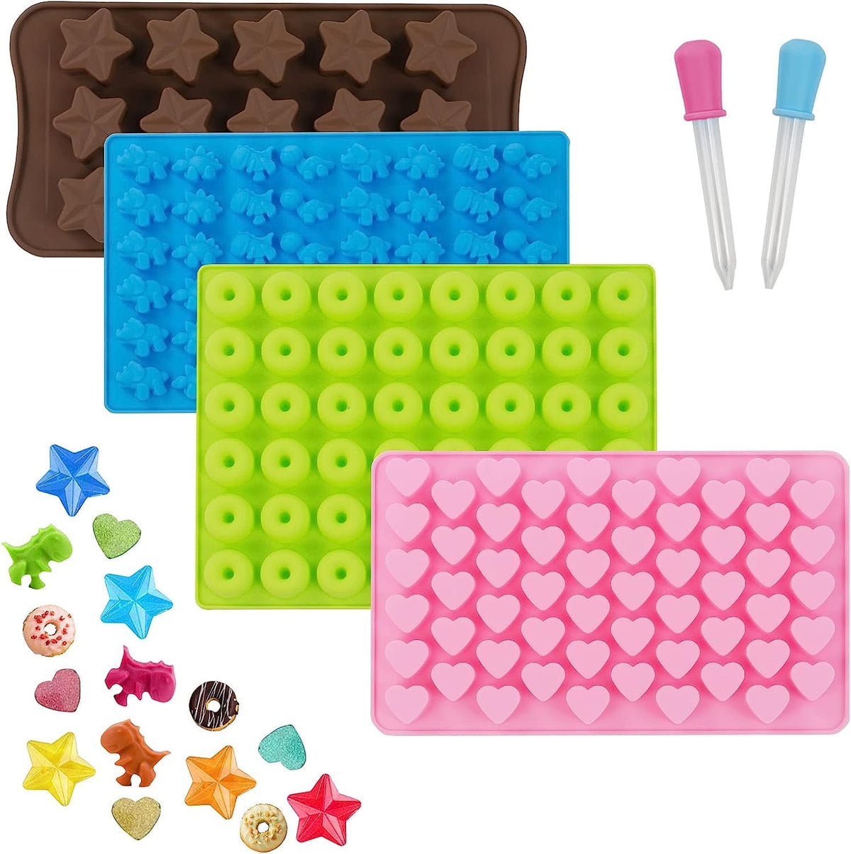 4 Pcs Gummy Molds, STONCEL Non-stick Silicone Chocolate Molds with 2 Droppers, Mini Candy Molds Including Dinosaur Donut Heart Star Shape for Chocolate Jelly Ice Cube Candy Baking Cake Decoration