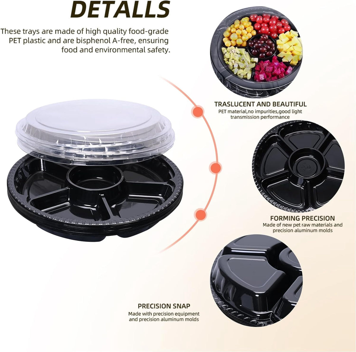 LIOUCBD 10 Pcs Plastic Appetizer Serving Tray with Lid Round 12.5 Inch with Lid Disposable Serving Fruit Veggie Catering Tray with 6 Divided Compartment for Fruit Snack Veggie Party