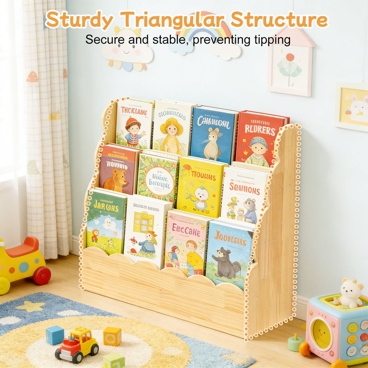 Yeulluey 3-Tier Scalloped Bookshelf, Montessori Bookcase for Toddlers, Wooden Book Shelf Organizer Display Furniture for Kids Rooms, Playroom, Nursery , Natural