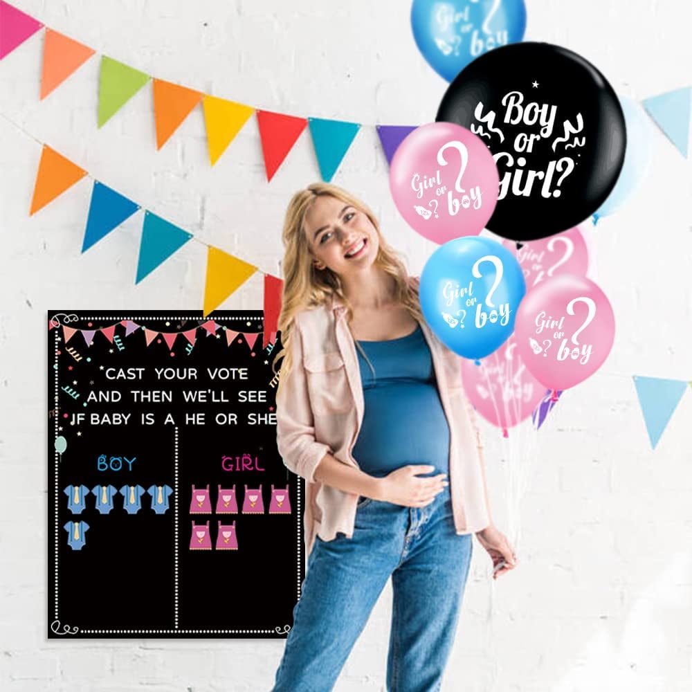 Baby Gender Reveal Decoration Set, Gender Reveal Party Poster Games with 54 Boy or Girl Voting Stickers, 26 Gender Reveal Party Supplies with Black, Pink, Blue Balloon, Baby Shower Banner
