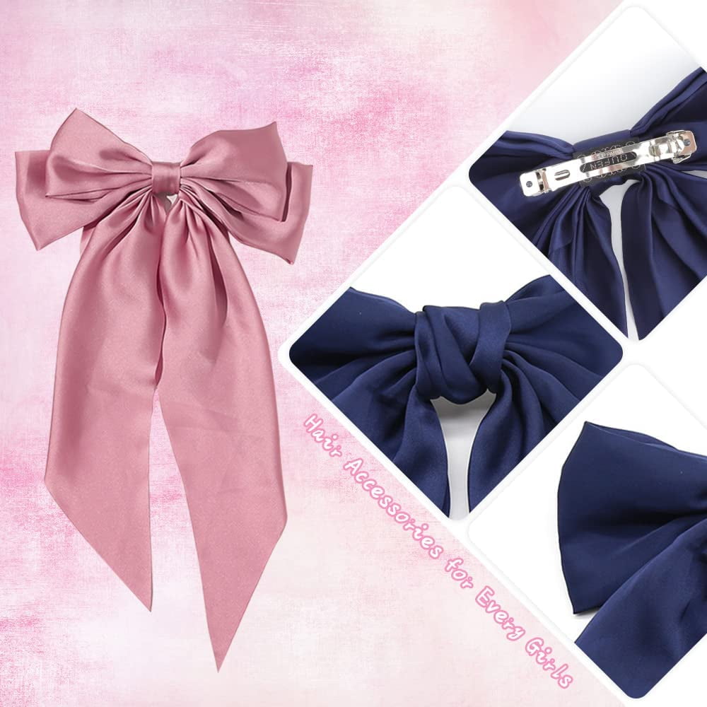 8Pcs Big Bow Hair Clips, French Barrette with Long Silky Satin Ribbon, Solid Color Large Hair Bow Pins Bowknot Hair Slides Accessories for Women Girls Lolita Party Mother's Day Gift