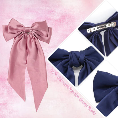 8Pcs Big Bow Hair Clips, French Barrette with Long Silky Satin Ribbon, Solid Color Large Hair Bow Pins Bowknot Hair Slides Accessories for Women Girls Lolita Party Mother's Day Gift