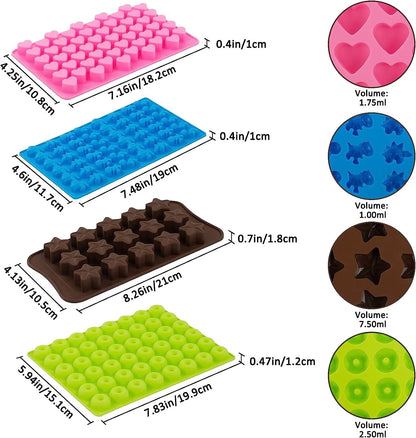4 Pcs Gummy Molds, STONCEL Non-stick Silicone Chocolate Molds with 2 Droppers, Mini Candy Molds Including Dinosaur Donut Heart Star Shape for Chocolate Jelly Ice Cube Candy Baking Cake Decoration