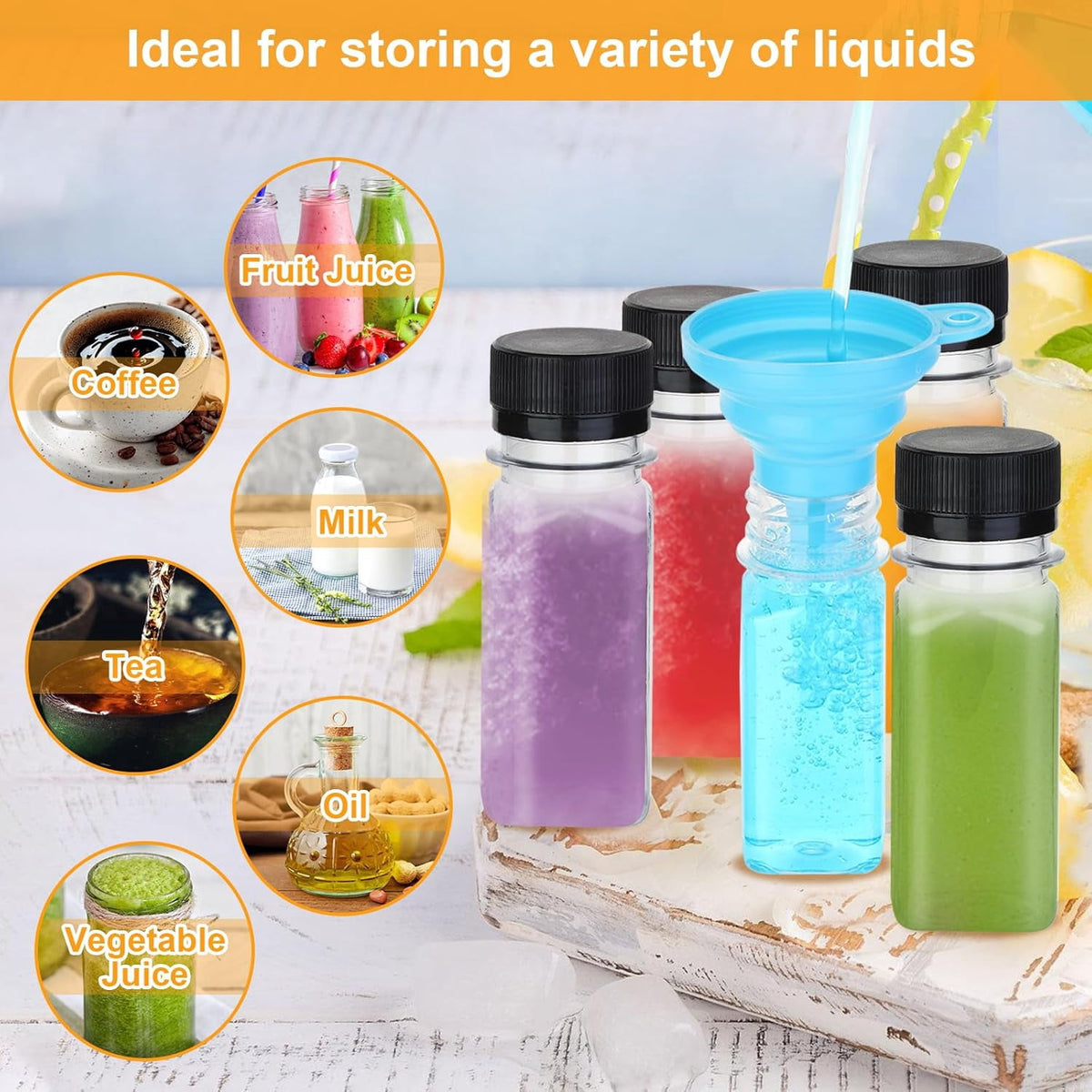 LIOUCBD Pack of 15 Small Bottles for Filling 60 ml Ginger Shot Bottles for Filling Plastic Bottles Juice Bottles Mini Empty Smoothie Bottles Transparent with Funnel Brush for Ginger Juicer
