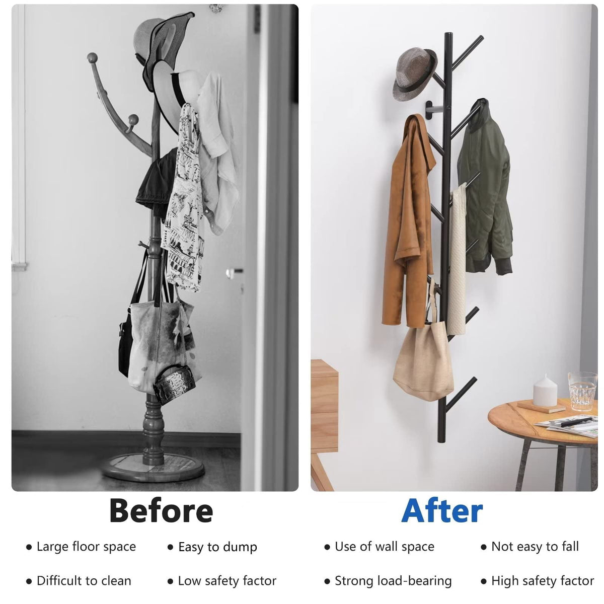 Vertical Coat Rack Wall Mount, Hat Rack for Wall, Modern Design Floating Coat Rack, Coat Tree for Clothes, Scarves, Bags, Caps, Metal Vertical Hooks for Living Room, Bedroom, Entryway