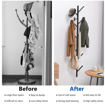 Vertical Coat Rack Wall Mount, Hat Rack for Wall, Modern Design Floating Coat Rack, Coat Tree for Clothes, Scarves, Bags, Caps, Metal Vertical Hooks for Living Room, Bedroom, Entryway