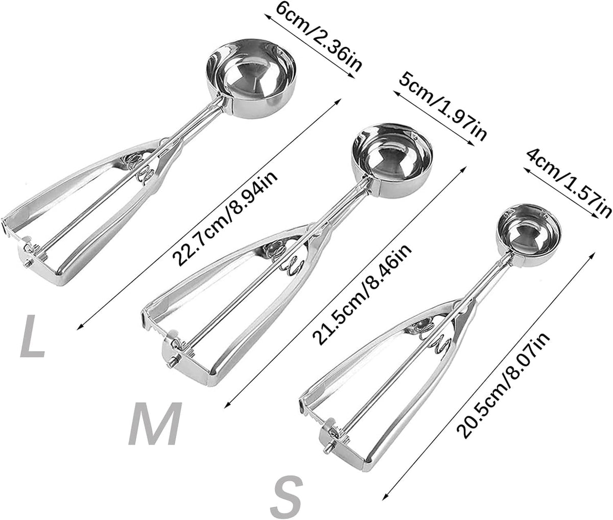 STONCEL Cookie Scoop Set of 3, Ice Cream Scooper with Trigger Release, Small/Medium/Large Stainless Steel Tablespoon Dough Scoop, for Melon Baller Baking Meatball Muffin